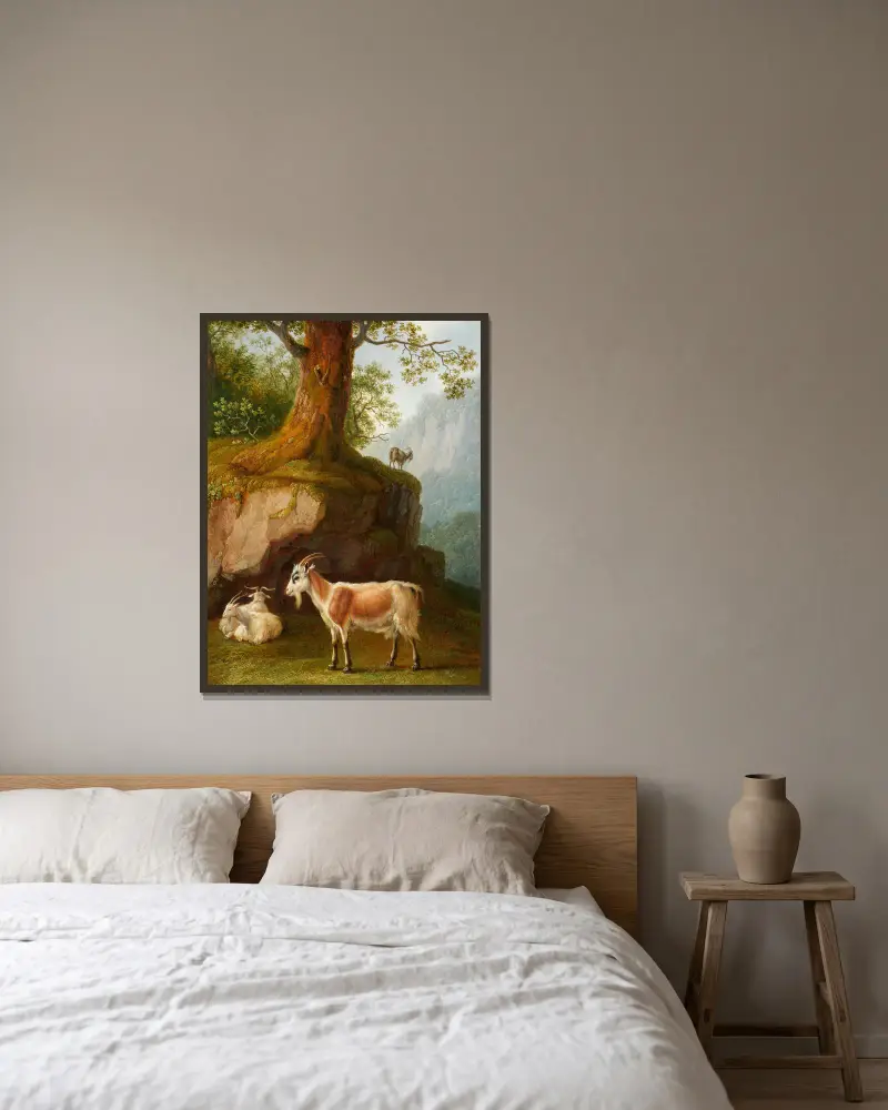 Bergige Landschaft mit vier Ziegen von Jacob Philipp Hackert gerahmt an einer Wand