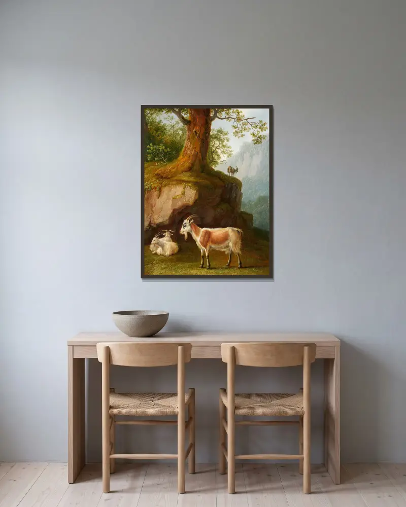 Bergige Landschaft mit vier Ziegen von Jacob Philipp Hackert gerahmt an einer Wand