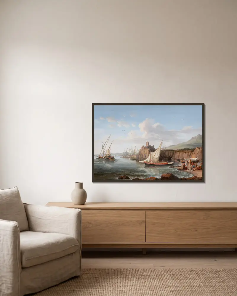 Blick auf Aci Castello av Jacob Philipp Hackert inramad på en vägg