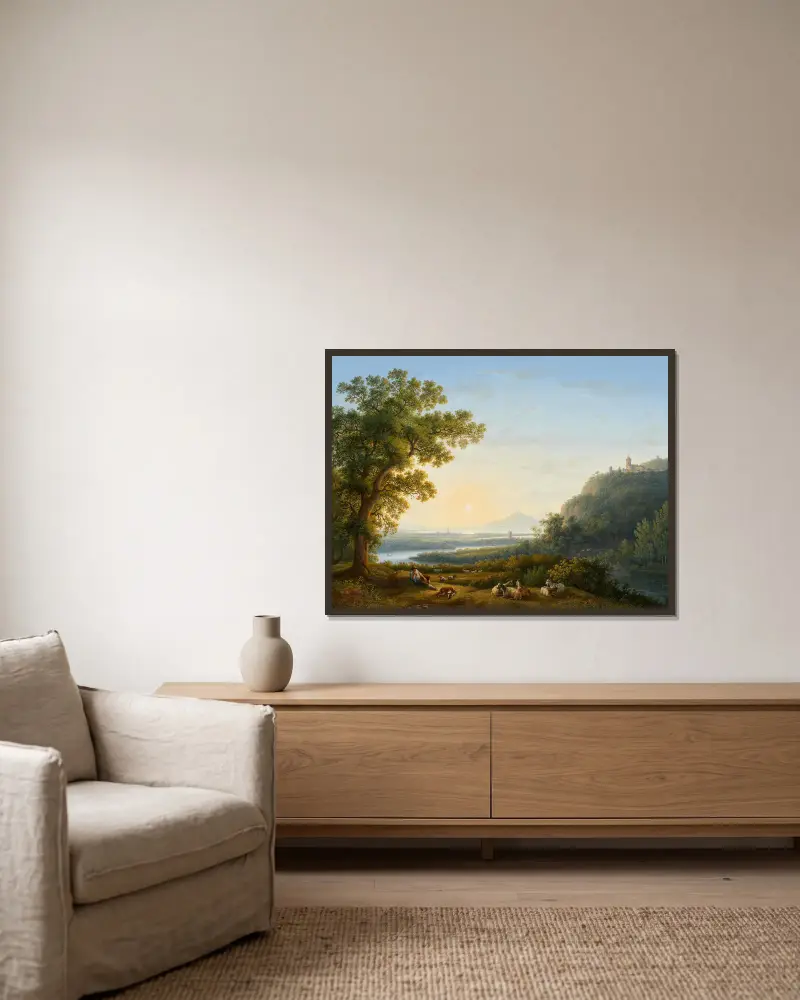 Flusslandschaft av Jacob Philipp Hackert inramad på en vägg