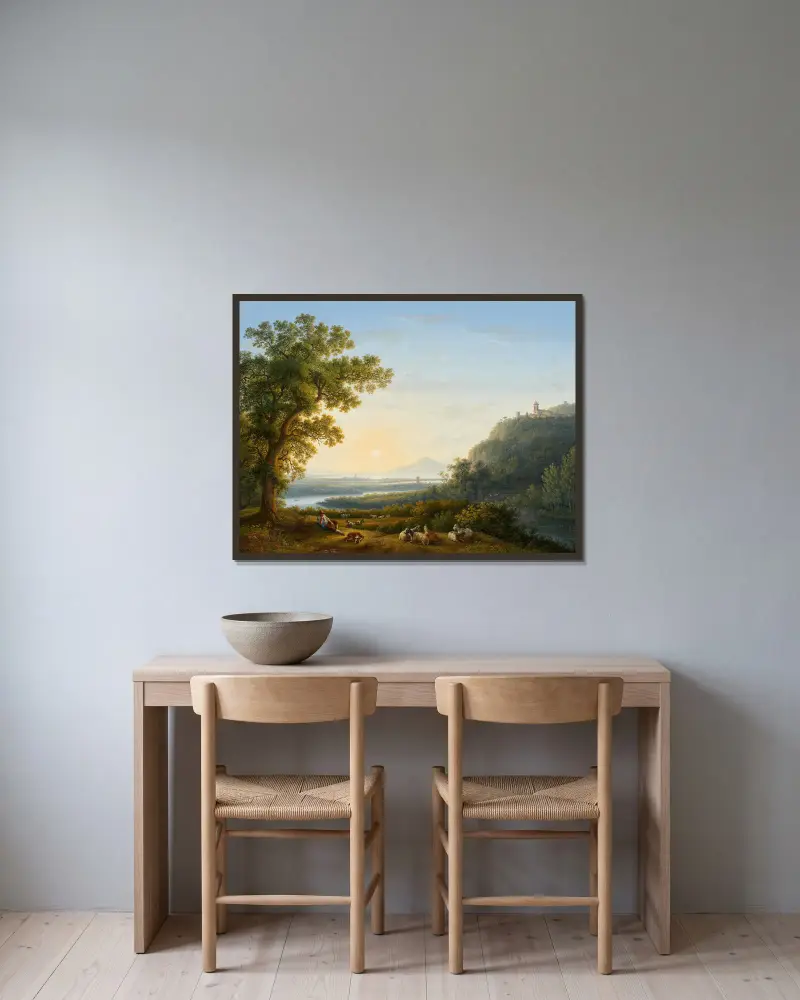 Flusslandschaft av Jacob Philipp Hackert inramad på en vägg