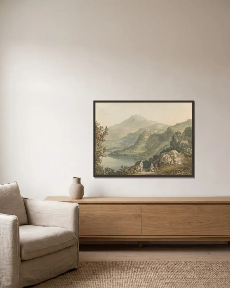 Der Nemisee von Jacob Philipp Hackert gerahmt an einer Wand