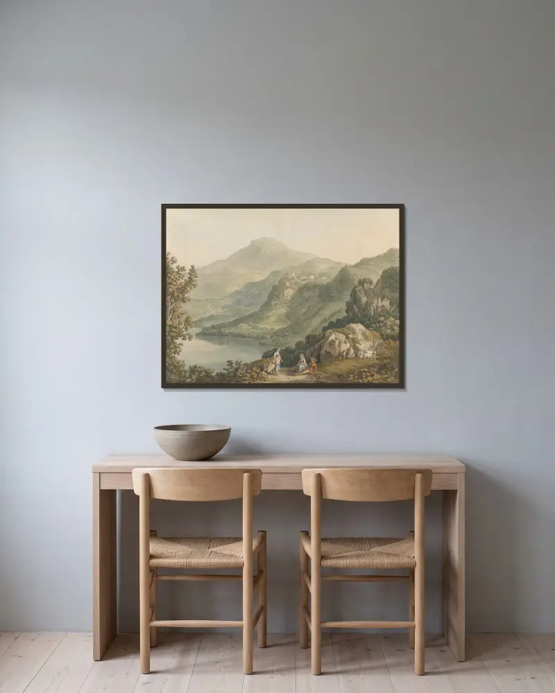 Der Nemisee von Jacob Philipp Hackert gerahmt an einer Wand