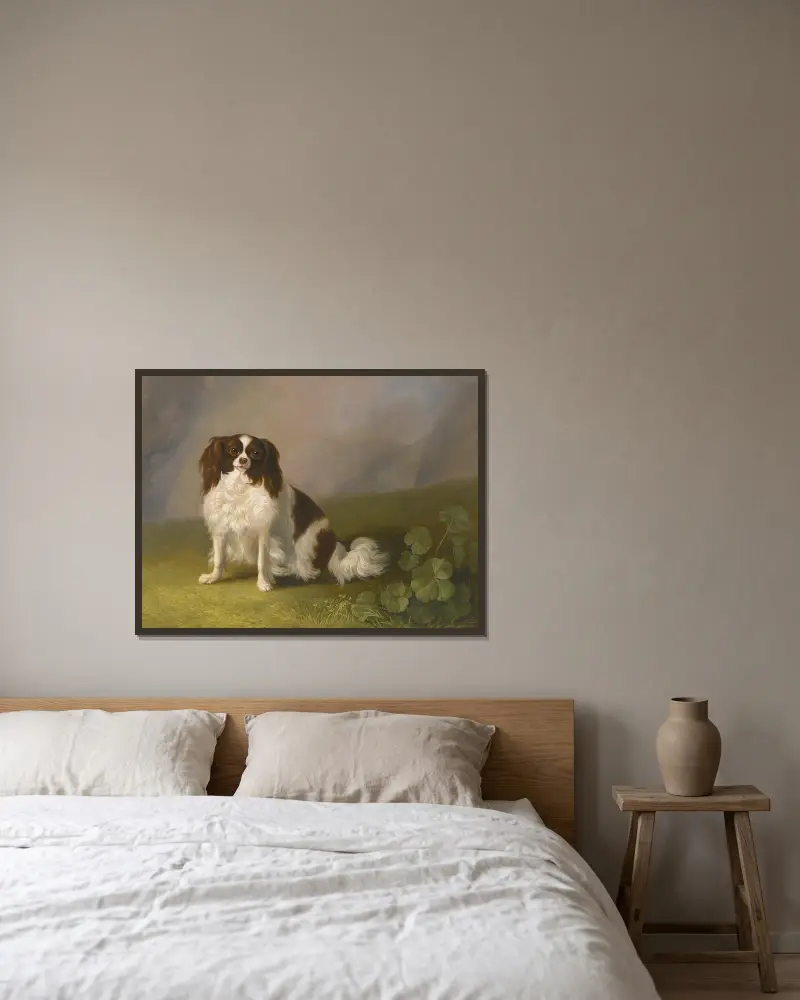 Porträtt av en cavalier king charles spaniel i ett landskap av Jacob Philipp Hackert inramad på en vägg