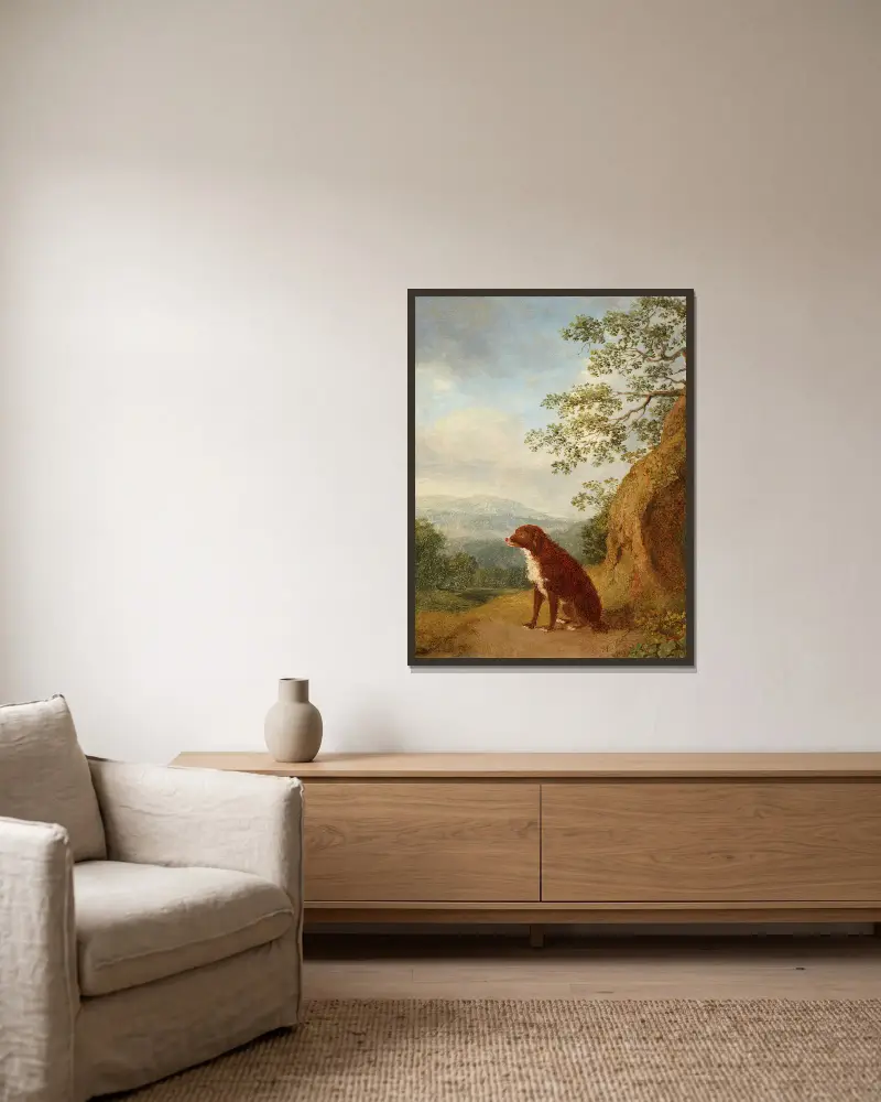 Sitzender Hund in Landschaft av Jacob Philipp Hackert inramad på en vägg