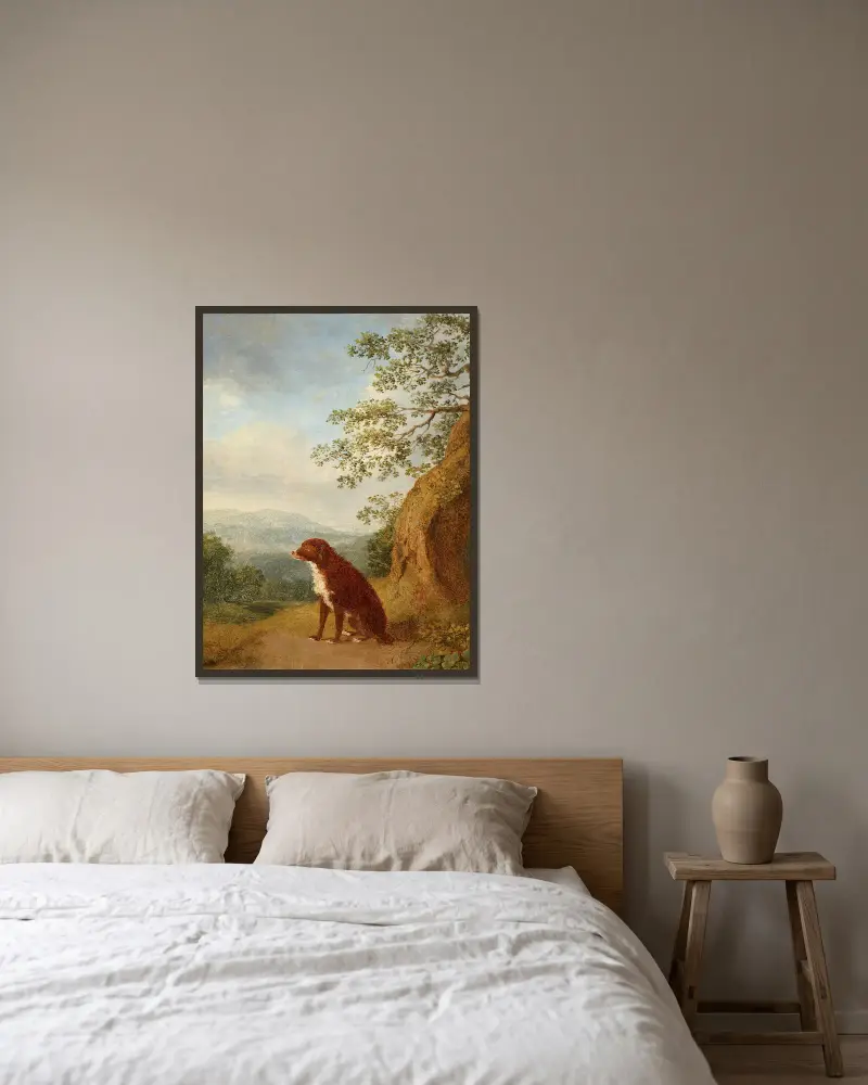 Sitzender Hund in Landschaft av Jacob Philipp Hackert inramad på en vägg
