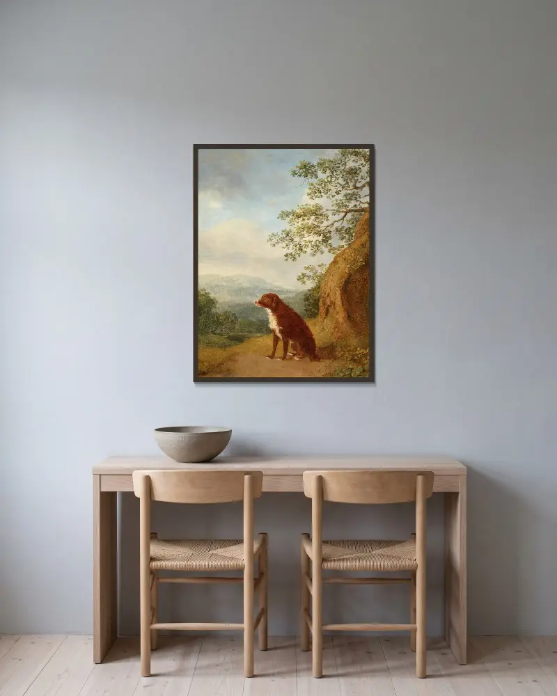 Sitzender Hund in Landschaft av Jacob Philipp Hackert inramad på en vägg