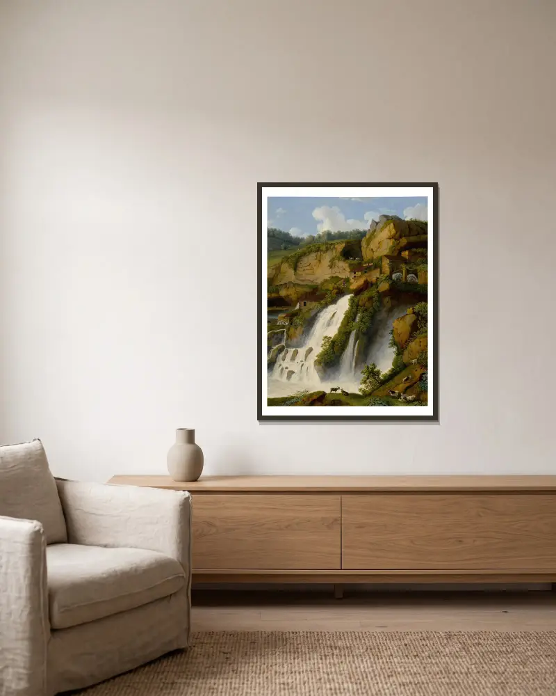 Blick auf den Wasserfall bei Anitrella mit umher grasenden Ziegen von Jacob Philipp Hackert gerahmt an einer Wand