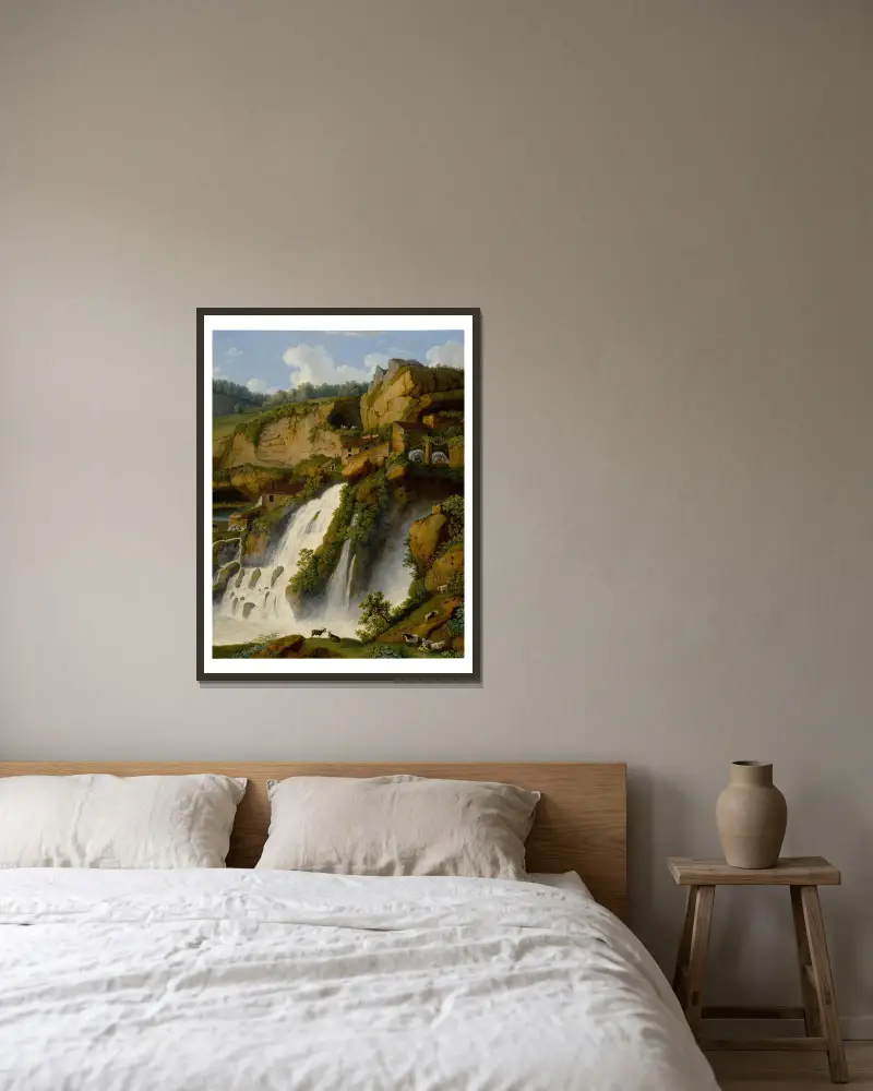 Blick auf den Wasserfall bei Anitrella mit umher grasenden Ziegen von Jacob Philipp Hackert gerahmt an einer Wand