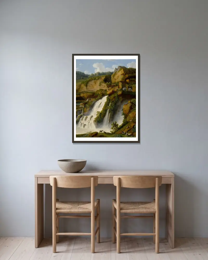 Blick auf den Wasserfall bei Anitrella mit umher grasenden Ziegen von Jacob Philipp Hackert gerahmt an einer Wand
