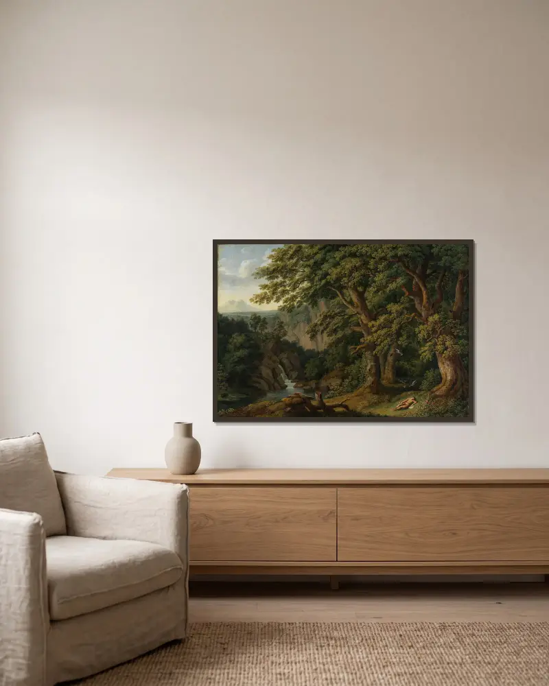Waldlandschaft mit dem schlafenden, von Tauben behüteten Knaben Horaz av Jacob Philipp Hackert inramad på en vägg
