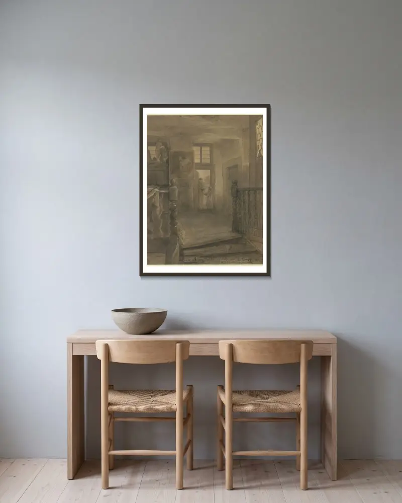 Utanför Anton Radls bostad i bakhuset till Heerdtska huset, Friedberger Strasse 144 av Philipp Rumpf inramad på en vägg