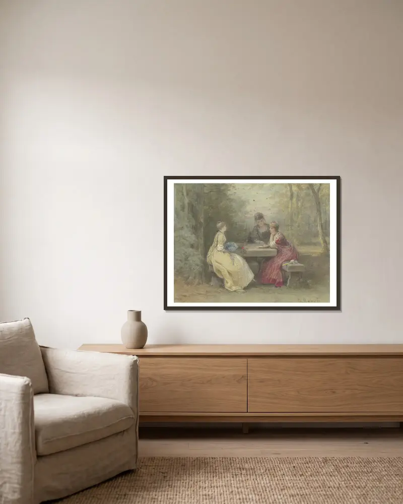 Föreläsning i parken, tre unga damer i Watteau-dräkt sittande kring ett stenbord (lövhyddan vid Sandhof nära Niederrad) av Philipp Rumpf inramad på en vägg