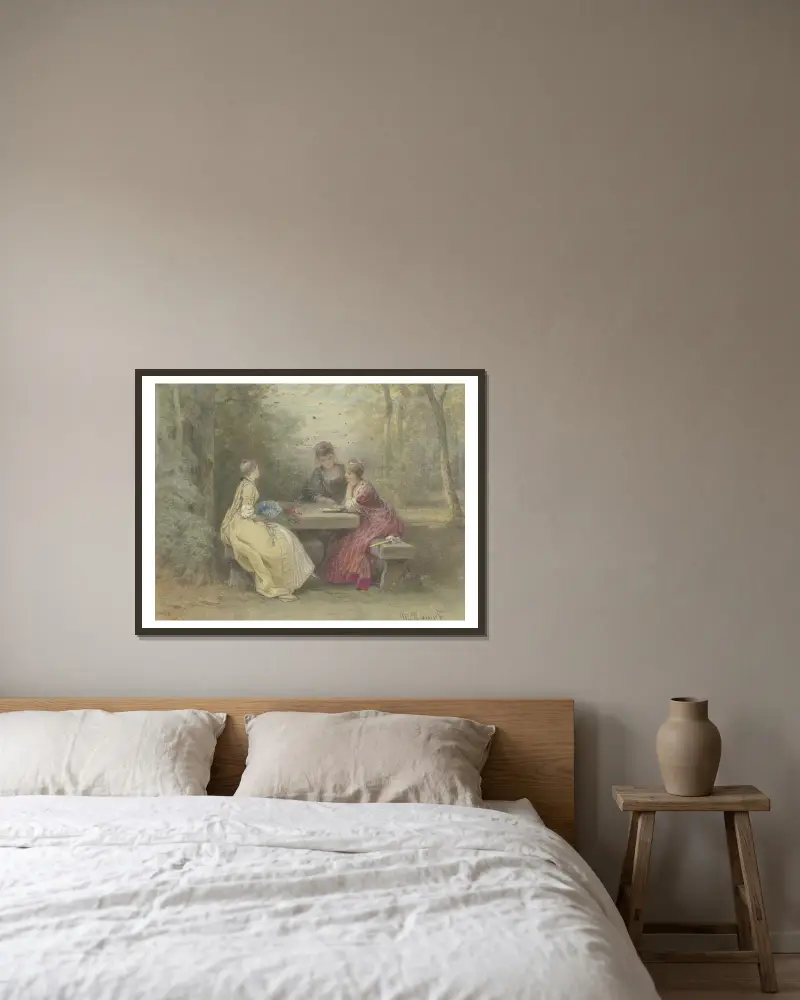 Föreläsning i parken, tre unga damer i Watteau-dräkt sittande kring ett stenbord (lövhyddan vid Sandhof nära Niederrad) av Philipp Rumpf inramad på en vägg