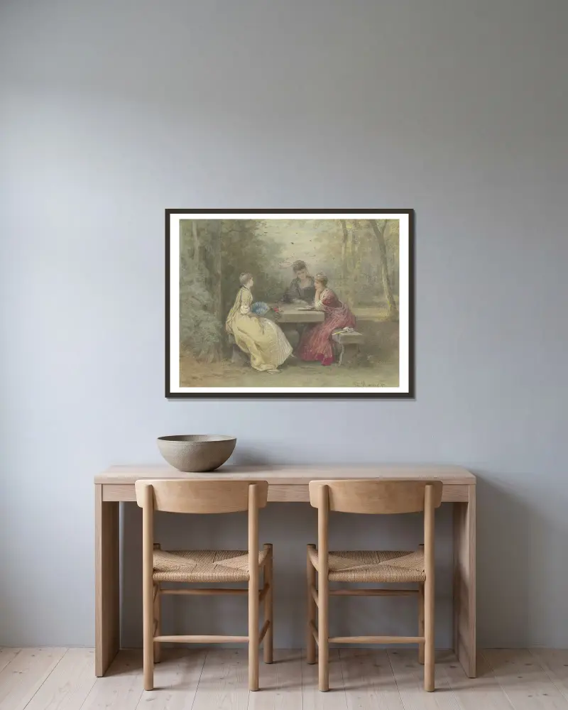 Föreläsning i parken, tre unga damer i Watteau-dräkt sittande kring ett stenbord (lövhyddan vid Sandhof nära Niederrad) av Philipp Rumpf inramad på en vägg