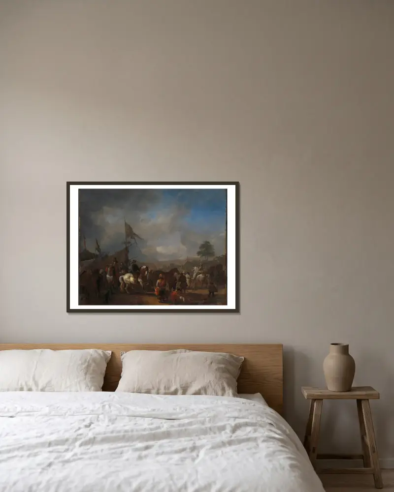 Ein Pferdemarkt bei einem Armeelager von Philips Wouwerman gerahmt an einer Wand