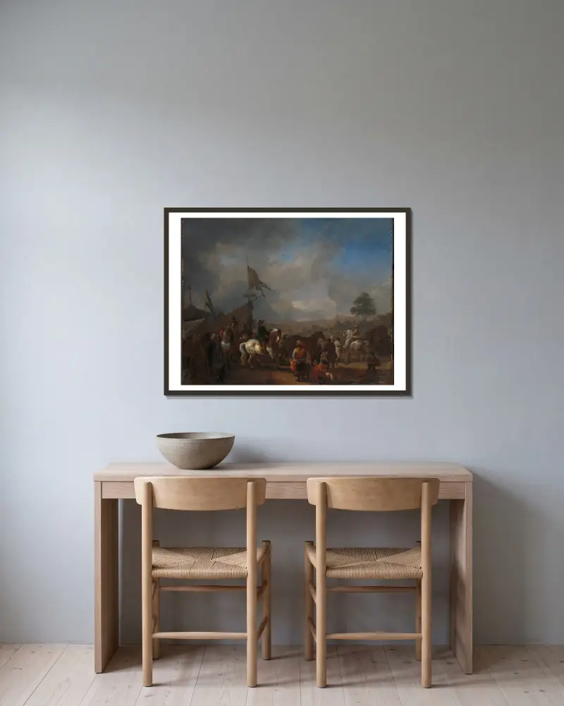 Ein Pferdemarkt bei einem Armeelager von Philips Wouwerman gerahmt an einer Wand