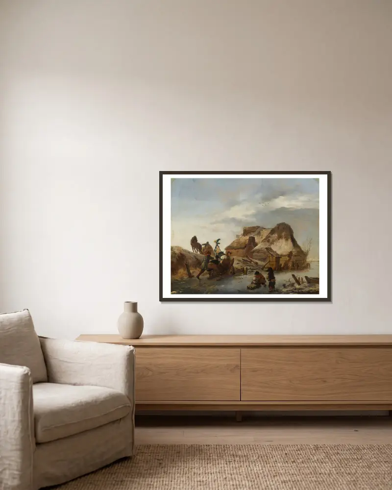 Der Schlitten eines Adligen auf dem Eis von Philips Wouwerman gerahmt an einer Wand