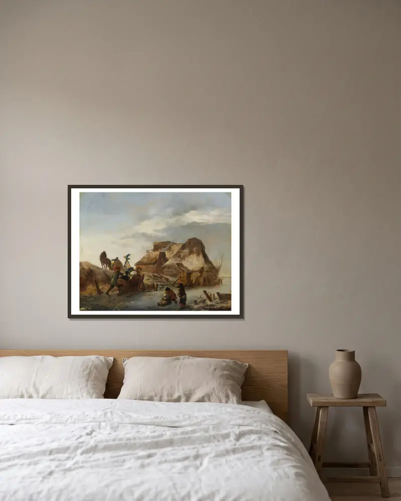 Der Schlitten eines Adligen auf dem Eis von Philips Wouwerman gerahmt an einer Wand