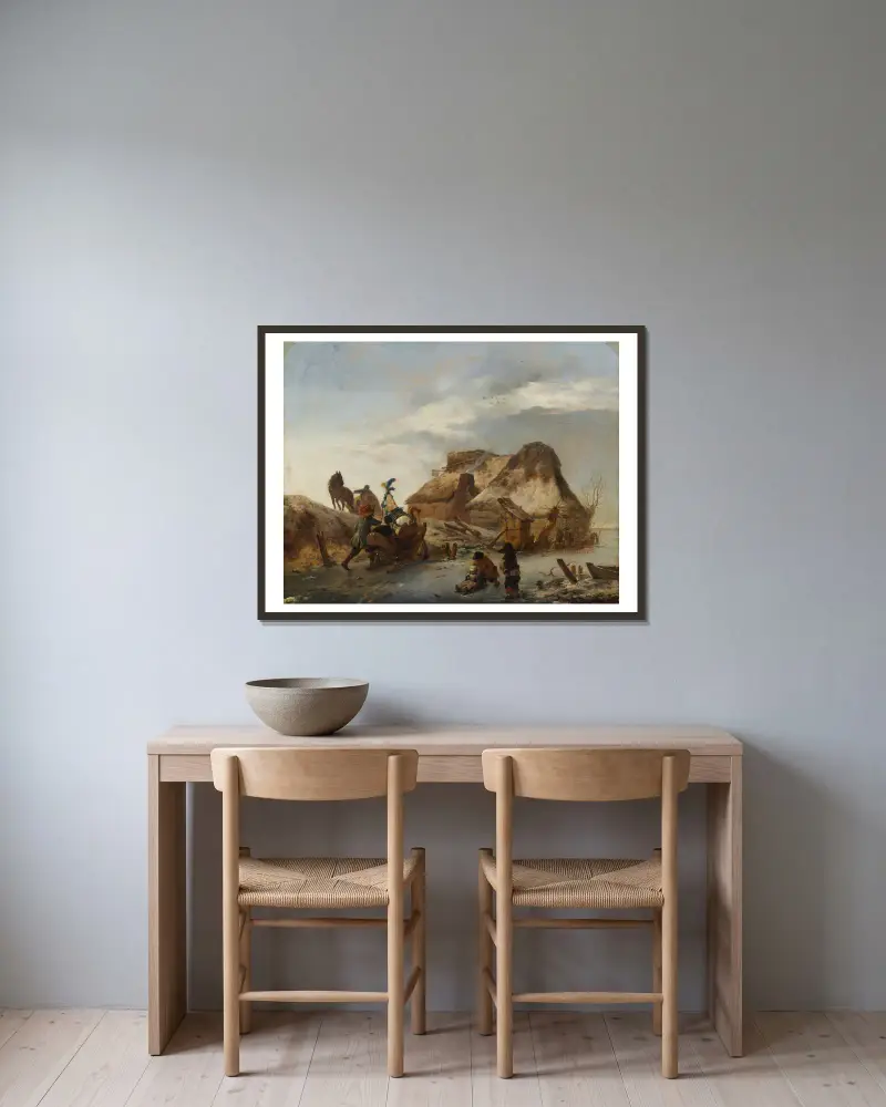 Der Schlitten eines Adligen auf dem Eis von Philips Wouwerman gerahmt an einer Wand