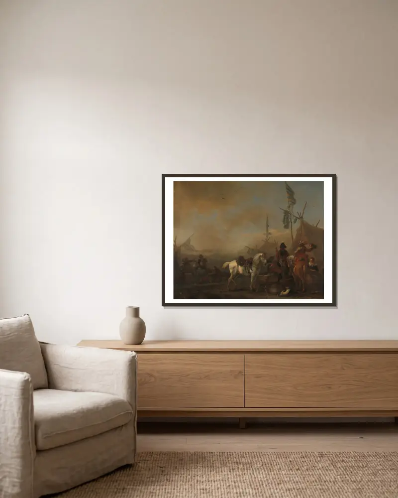 Ein Armeelager von Philips Wouwerman gerahmt an einer Wand