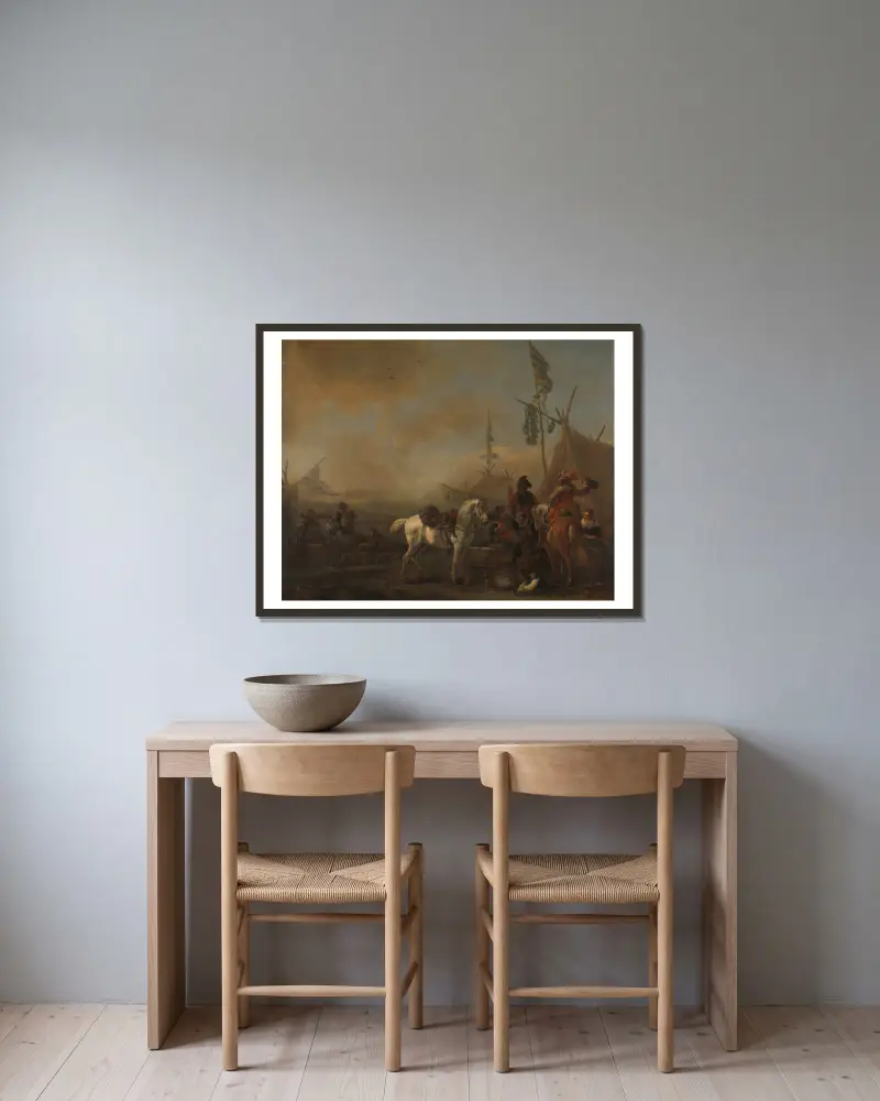 Ein Armeelager von Philips Wouwerman gerahmt an einer Wand