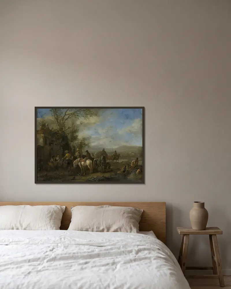 Beväpnade ryttare framför ett värdshus av Philips Wouwerman inramad på en vägg