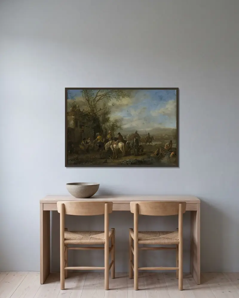 Beväpnade ryttare framför ett värdshus av Philips Wouwerman inramad på en vägg