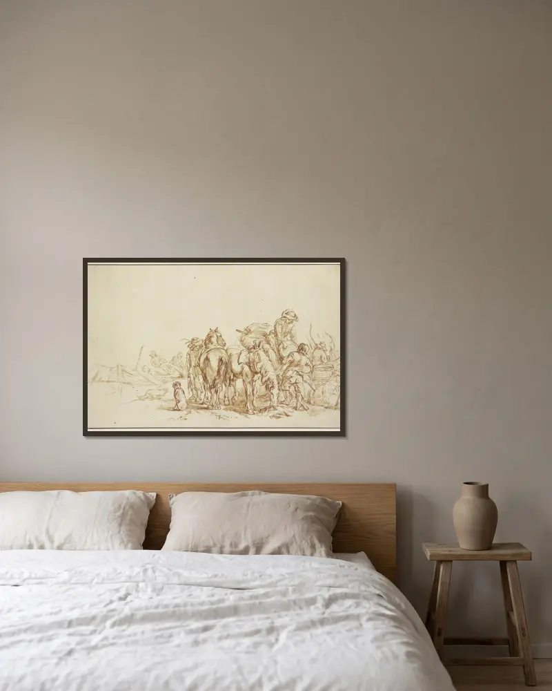 Bauern, die aus Schiffen Früchte auf ihre Wagen laden von Philips Wouwerman gerahmt an einer Wand