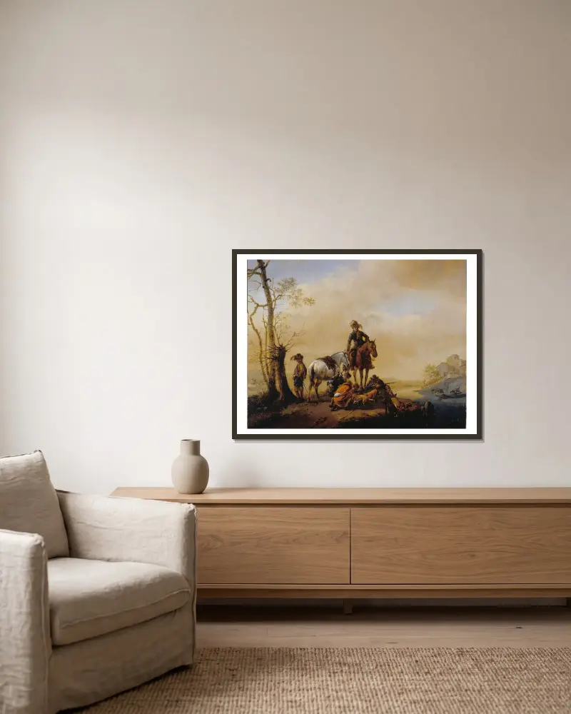 Rastande jägare av Philips Wouwerman inramad på en vägg