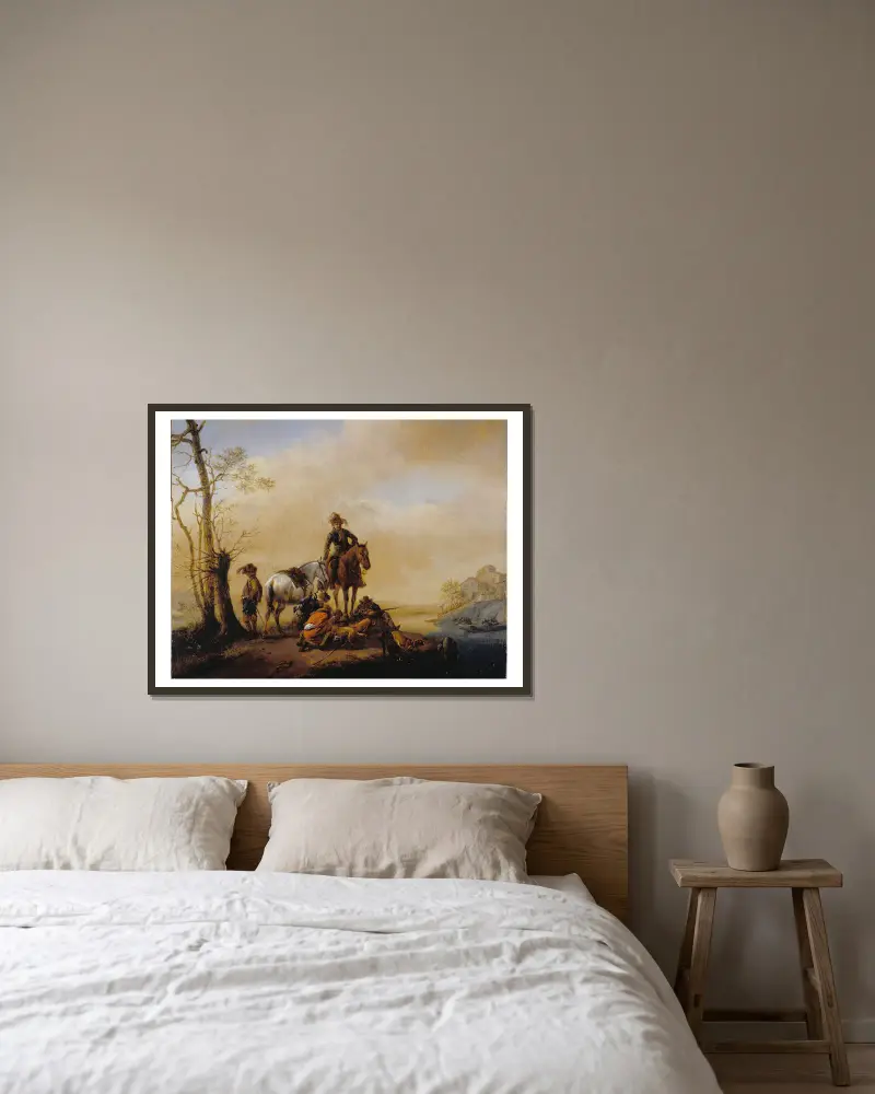 Rastande jägare av Philips Wouwerman inramad på en vägg