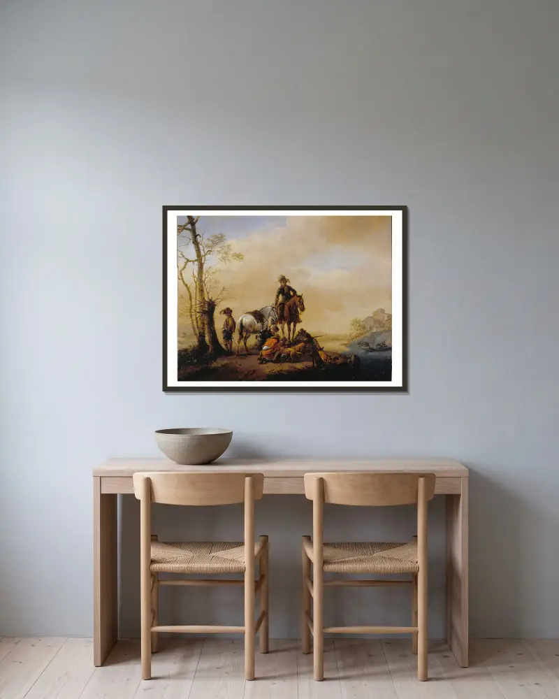 Rastande jägare av Philips Wouwerman inramad på en vägg