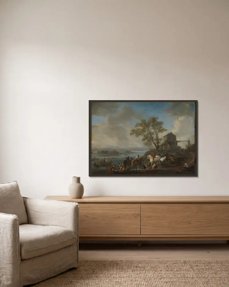 Pferdeschwemme an einem Fluss von Philips Wouwerman gerahmt an einer Wand