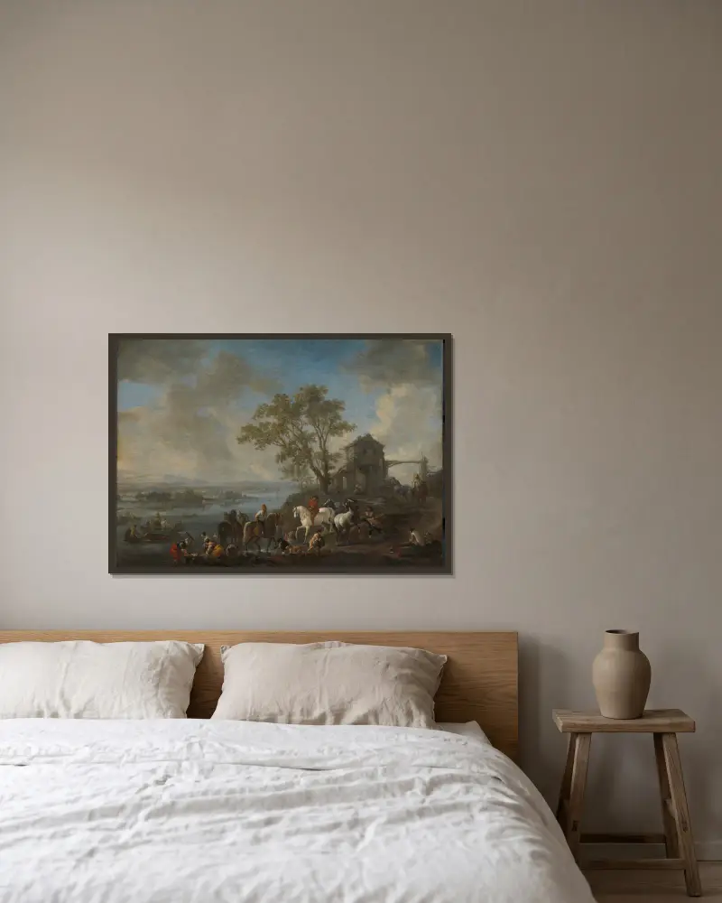 Pferdeschwemme an einem Fluss von Philips Wouwerman gerahmt an einer Wand