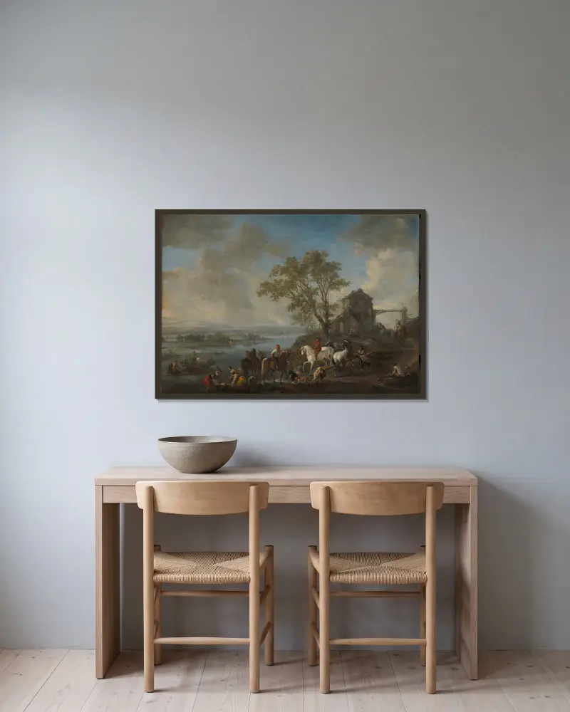Pferdeschwemme an einem Fluss von Philips Wouwerman gerahmt an einer Wand