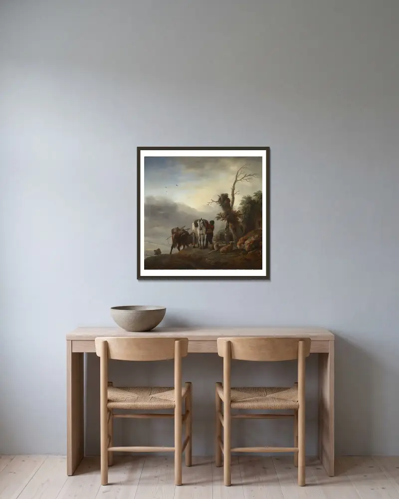 Landschaft mit Packpferden, 1660 von Philips Wouwerman gerahmt an einer Wand