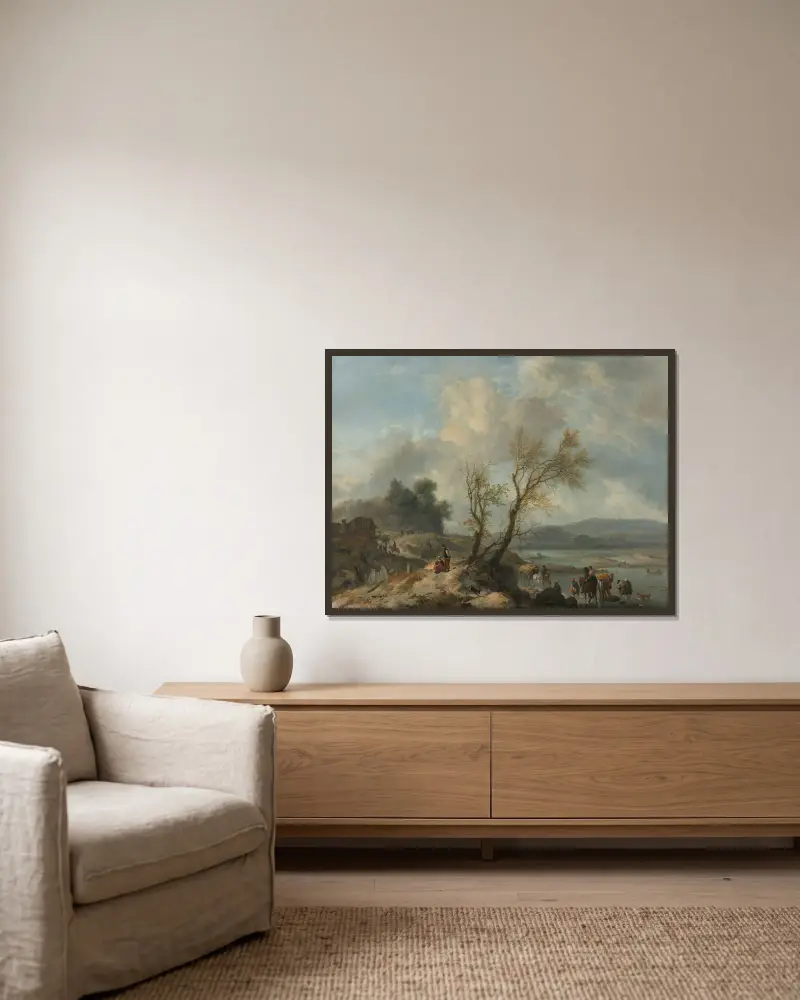 Pejzaż z piaszczystą ścieżką nad rzeką, Philips Wouwerman w ramie na ścianie