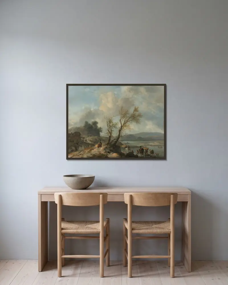 Pejzaż z piaszczystą ścieżką nad rzeką, Philips Wouwerman w ramie na ścianie