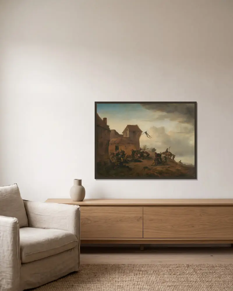 Bauern kämpfen in der Nähe eines Dorfes von Philips Wouwerman gerahmt an einer Wand