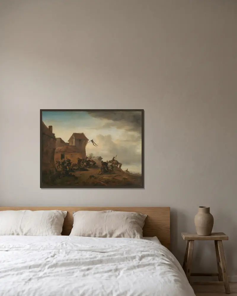 Bauern kämpfen in der Nähe eines Dorfes von Philips Wouwerman gerahmt an einer Wand