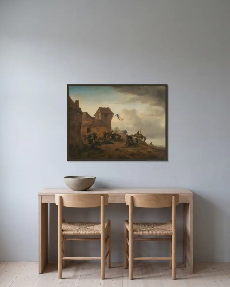 Bauern kämpfen in der Nähe eines Dorfes von Philips Wouwerman gerahmt an einer Wand