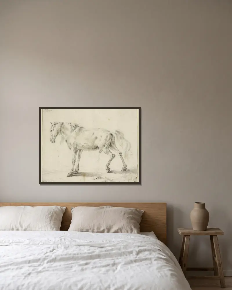 Urinierendes Pferd von Philips Wouwerman gerahmt an einer Wand