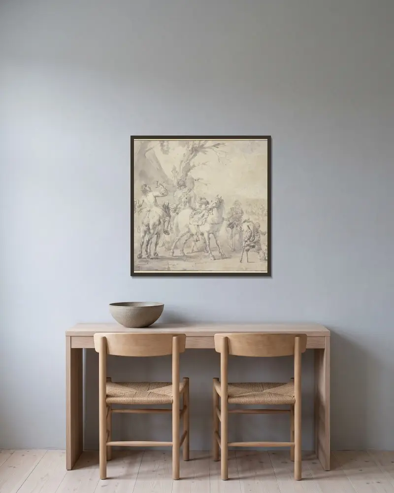Ryttare vederkvicker sig utanför en krog, till höger en tiggare med träben av Philips Wouwerman inramad på en vägg