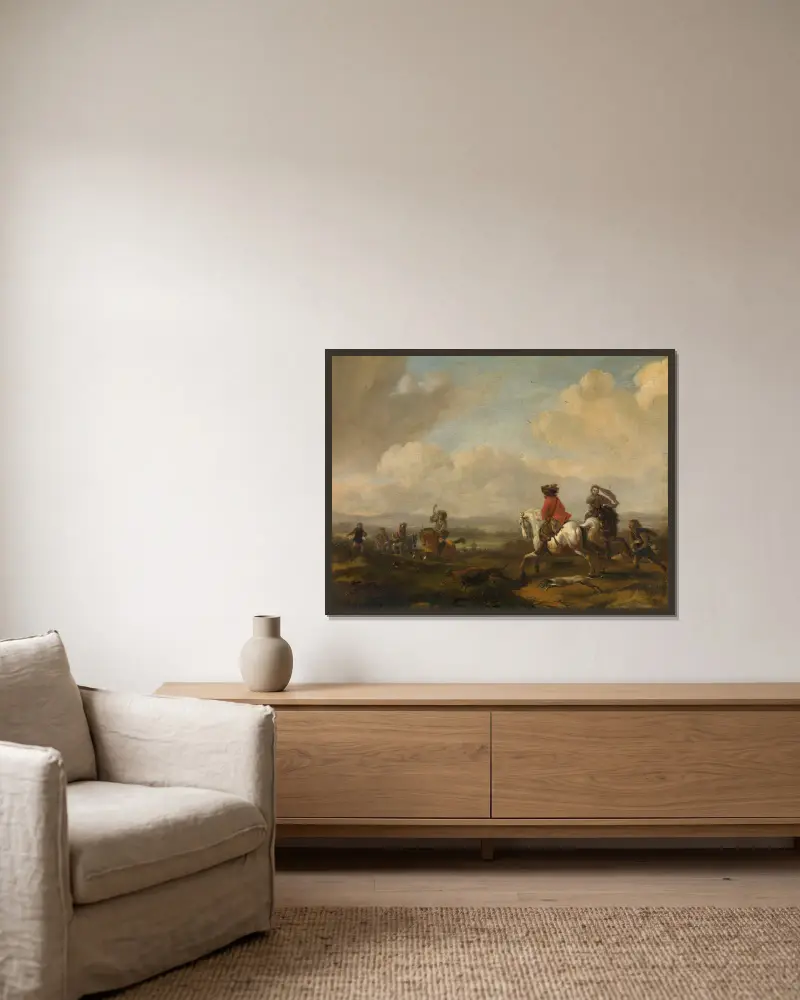 Die Treibjagd von Philips Wouwerman gerahmt an einer Wand