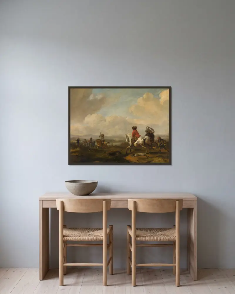 Die Treibjagd von Philips Wouwerman gerahmt an einer Wand