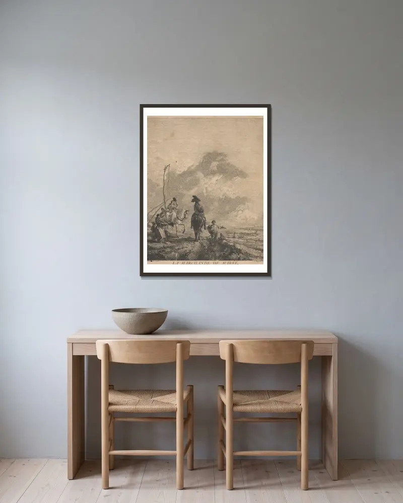 Der Fischhändler von Philips Wouwerman gerahmt an einer Wand