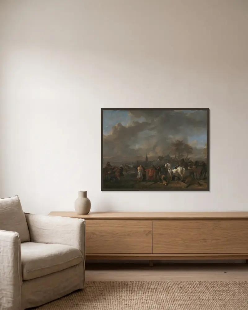 Böndernas seger av Philips Wouwerman inramad på en vägg