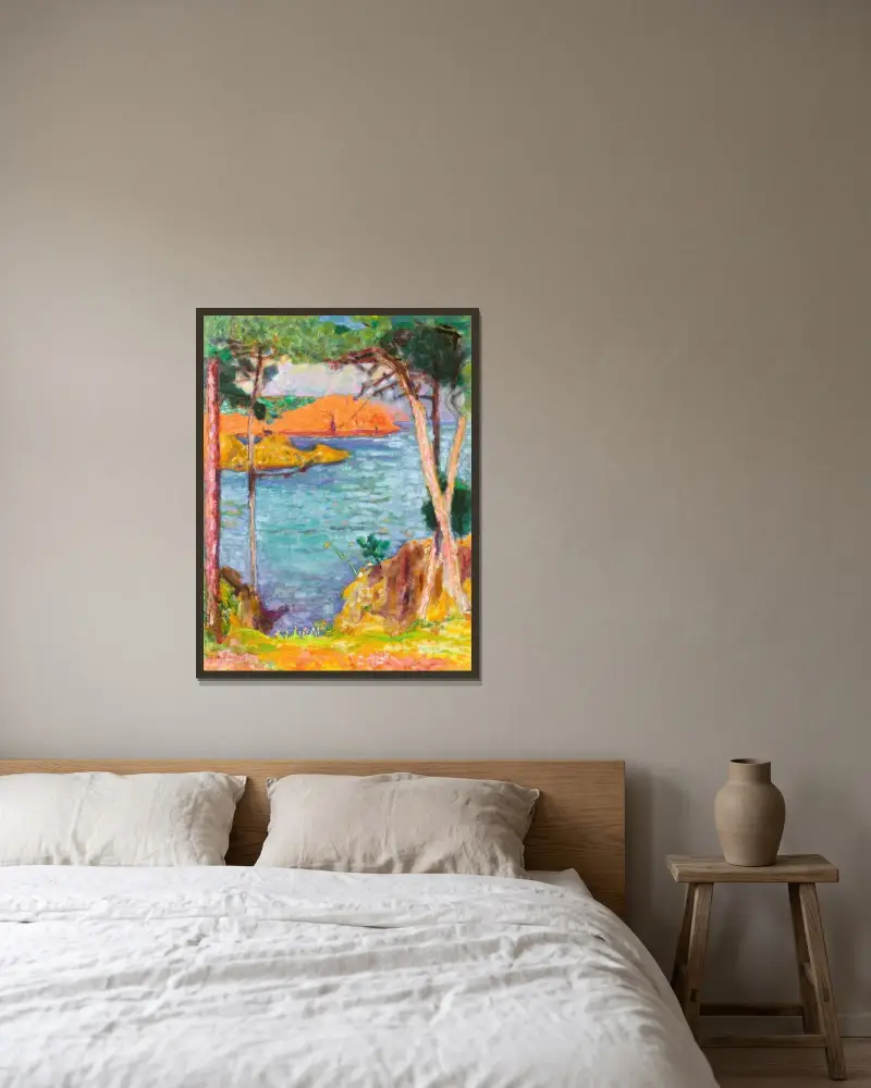 Havskant, tallar och röda klippor av Pierre Bonnard inramad på en vägg