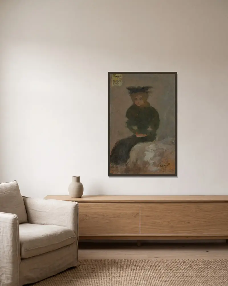 Sittande kvinna med svart hatt av Pierre Bonnard inramad på en vägg