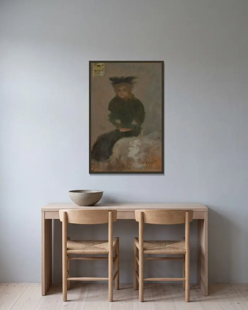 Sittande kvinna med svart hatt av Pierre Bonnard inramad på en vägg